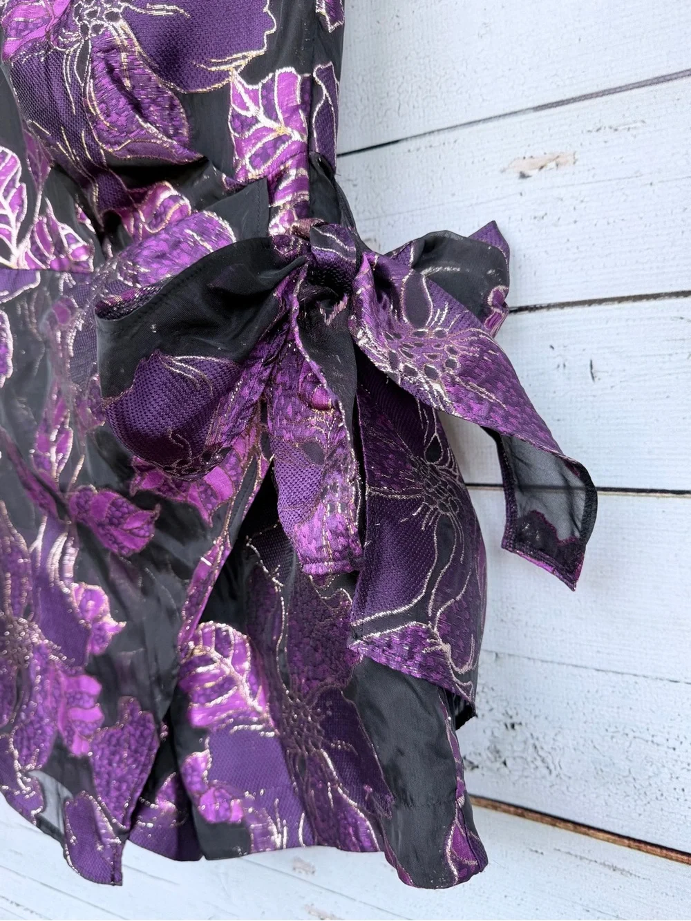 CIEBON Purple Metallic Floral Brocade One Shoulder Romper Bow Dress - Size XS